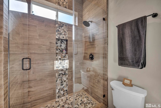 bathroom featuring a shower with door and toilet