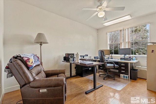 office space featuring ceiling fan, baseboards, and light wood-style floors