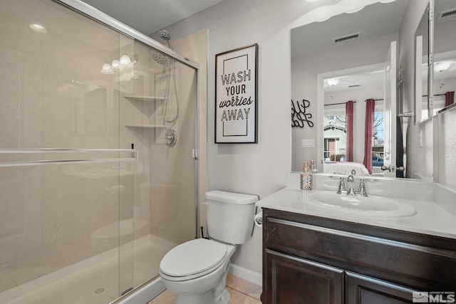 bathroom with a stall shower, visible vents, toilet, ensuite bath, and tile patterned flooring