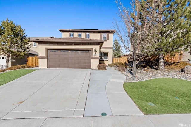 view of front of house featuring a garage, concrete driveway, fence, and stucco siding