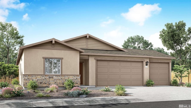 ranch-style house featuring stucco siding, a shingled roof, a garage, stone siding, and driveway