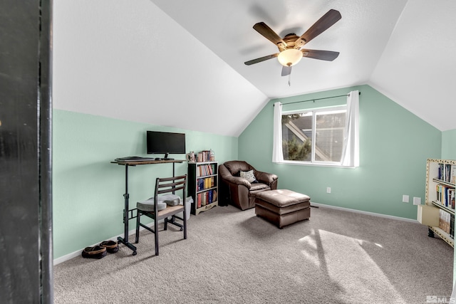 office with carpet floors, vaulted ceiling, baseboards, and ceiling fan