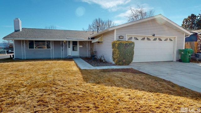 single story home featuring driveway, a front lawn, a chimney, and an attached garage