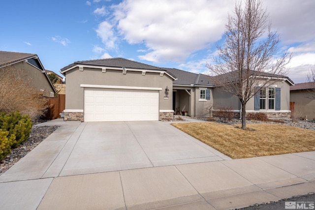 ranch-style home with a garage, stone siding, driveway, and stucco siding