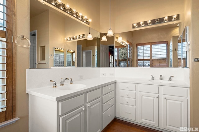 bathroom featuring double vanity, wood finished floors, and a sink