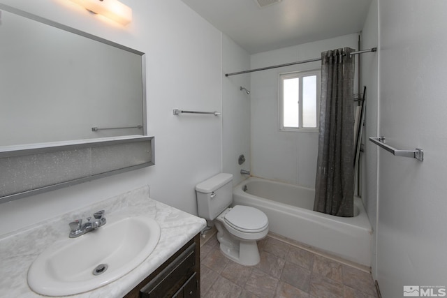 full bathroom with visible vents, shower / tub combo with curtain, vanity, and toilet