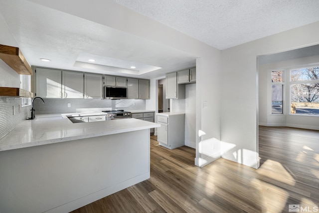 kitchen with a tray ceiling, light countertops, appliances with stainless steel finishes, a sink, and a peninsula