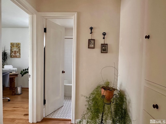 corridor with light wood-type flooring