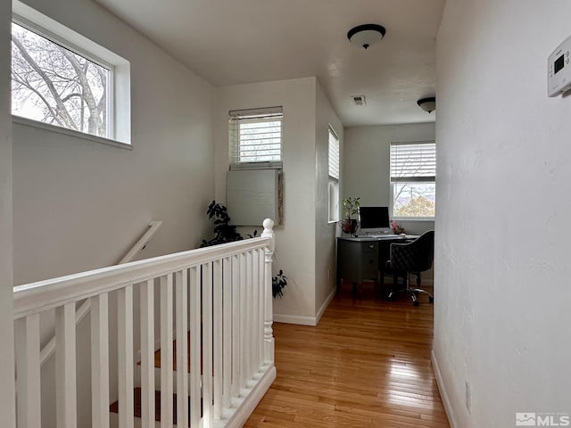 hall with light wood-style floors, visible vents, plenty of natural light, and baseboards