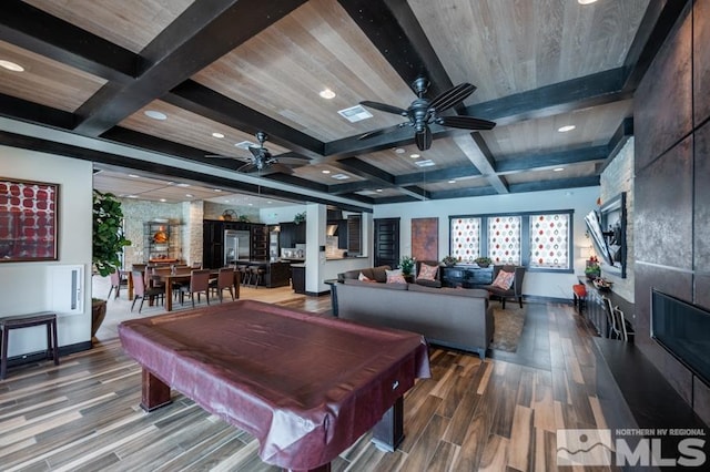 game room with coffered ceiling, pool table, beamed ceiling, and wood finished floors