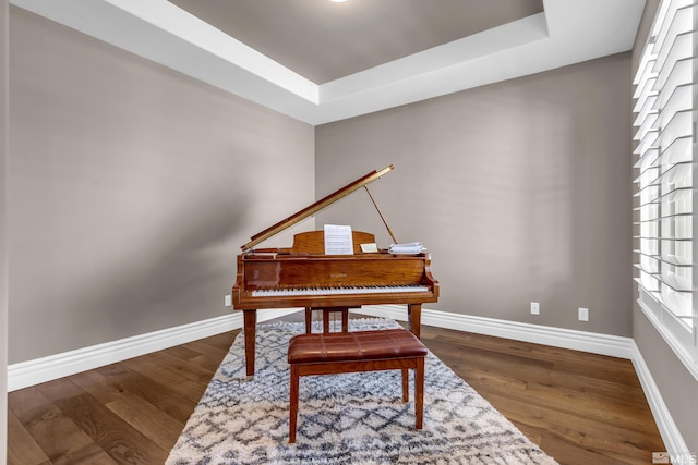 sitting room featuring dark wood-style floors, baseboards, and a raised ceiling