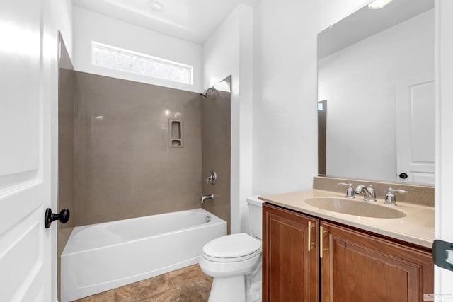 bathroom with toilet, vanity, and bathing tub / shower combination