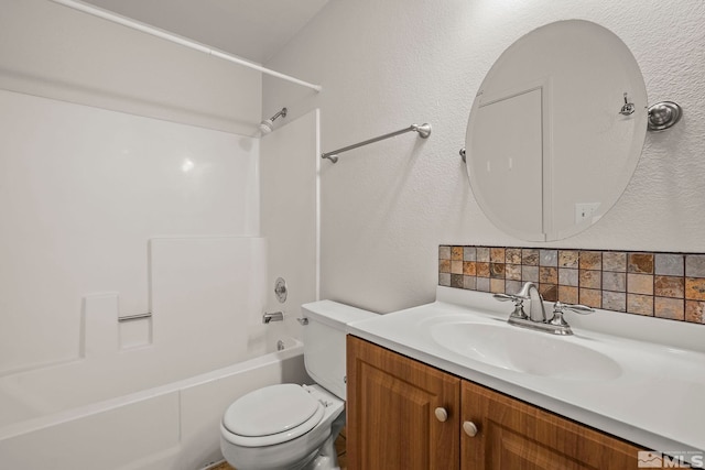 full bathroom featuring shower / bathtub combination, toilet, backsplash, and vanity