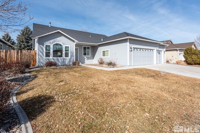 ranch-style house with a garage, concrete driveway, fence, and a front lawn