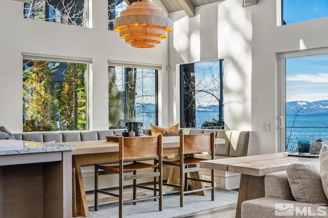 sunroom with a water and mountain view