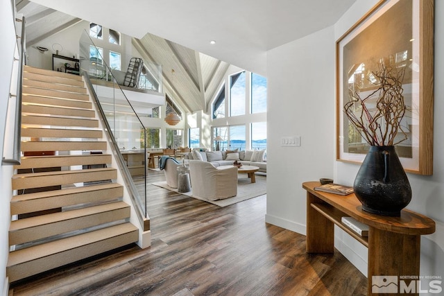 interior space featuring a towering ceiling, baseboards, and wood finished floors