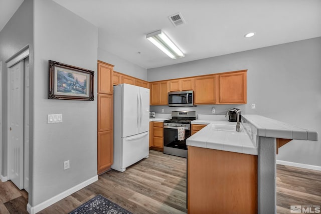 kitchen featuring light wood finished floors, tile countertops, a peninsula, stainless steel appliances, and a sink