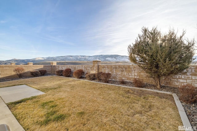 view of yard featuring a fenced backyard and a mountain view