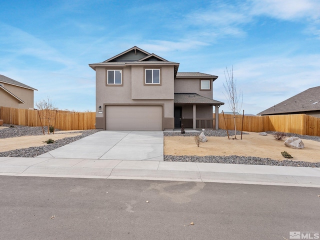 traditional-style home with a garage, fence, concrete driveway, roof with shingles, and stucco siding