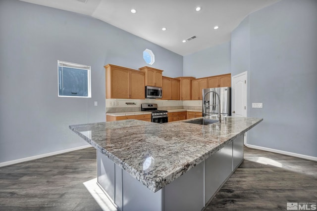 kitchen with a sink, appliances with stainless steel finishes, light stone counters, and a large island with sink