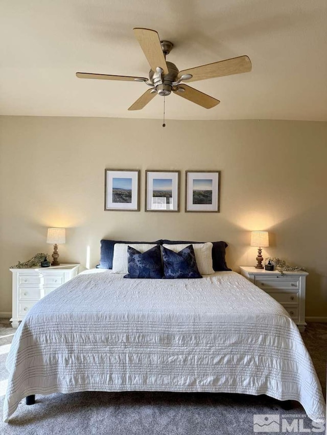 bedroom featuring carpet flooring and a ceiling fan