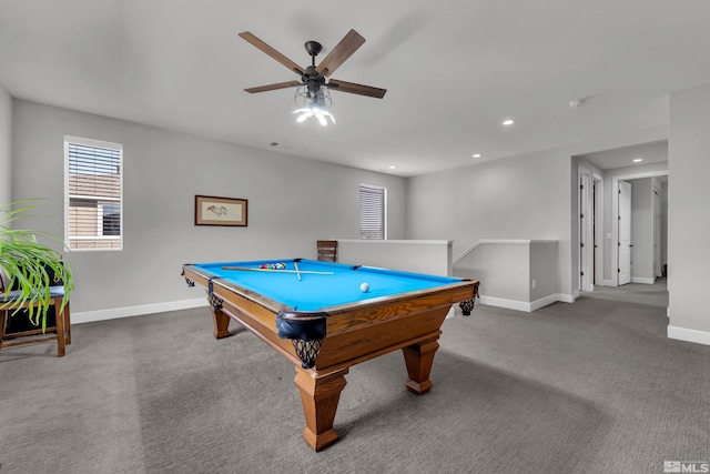 playroom with carpet, billiards, baseboards, and recessed lighting