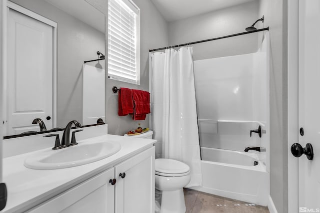 bathroom with toilet, shower / bath combination with curtain, and vanity