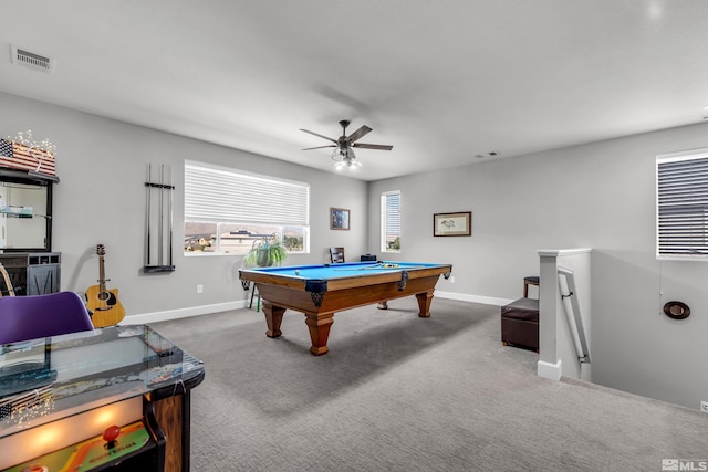 playroom with carpet floors, visible vents, baseboards, and a ceiling fan