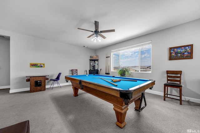 game room with a ceiling fan, carpet flooring, billiards, and baseboards