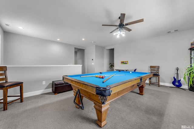 game room with light colored carpet, pool table, visible vents, and baseboards