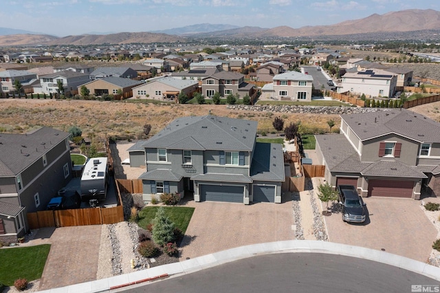 aerial view featuring a residential view and a mountain view