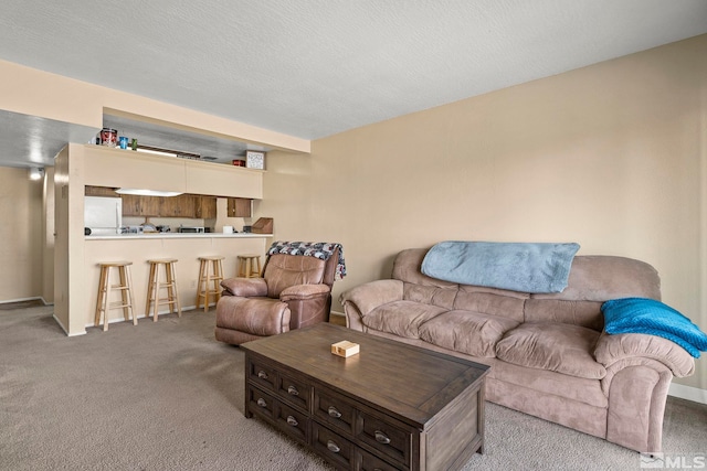 living area featuring a textured ceiling and light colored carpet