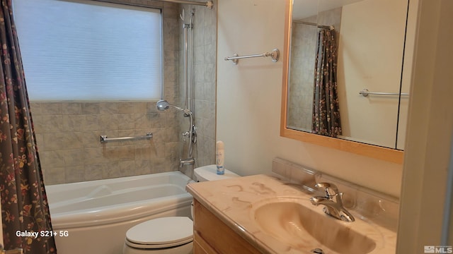 bathroom featuring toilet, shower / bathtub combination with curtain, and vanity