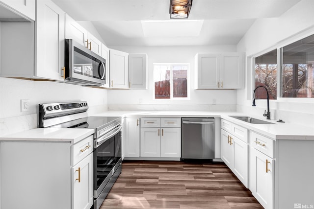 kitchen with stainless steel appliances, a sink, light countertops, and white cabinetry