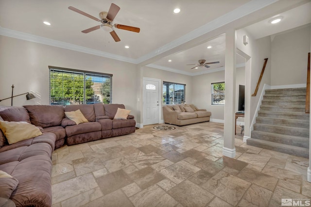 living room with baseboards, stairs, crown molding, stone tile flooring, and recessed lighting