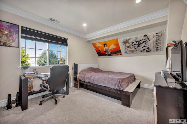 carpeted bedroom featuring recessed lighting, visible vents, crown molding, and baseboards