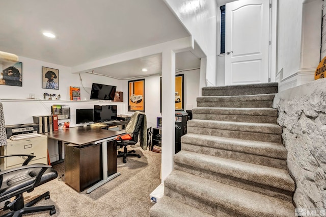 office area with light carpet and recessed lighting