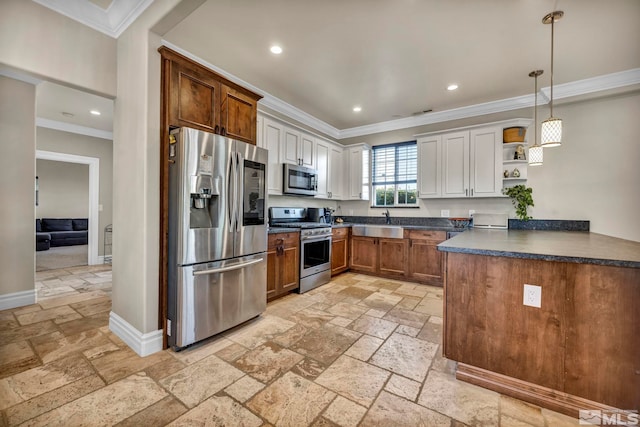 kitchen featuring dark countertops, stone tile floors, appliances with stainless steel finishes, and open shelves