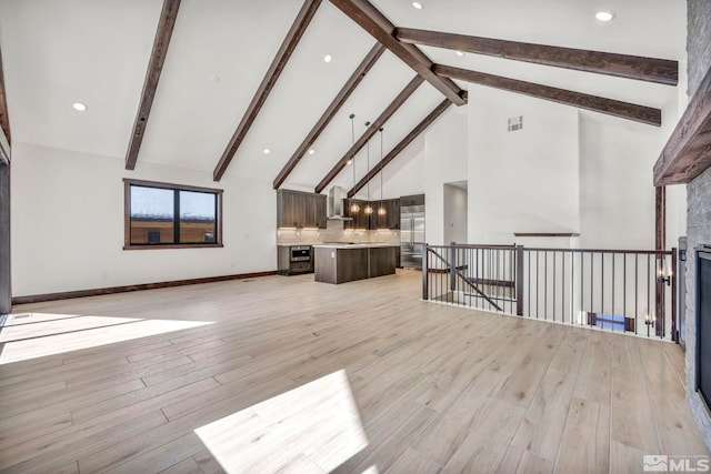 unfurnished living room featuring light wood finished floors, visible vents, high vaulted ceiling, beamed ceiling, and baseboards