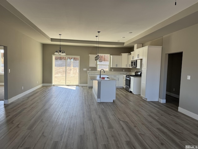 kitchen with a tray ceiling, baseboards, open floor plan, and appliances with stainless steel finishes