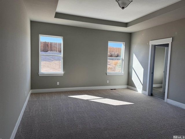 carpeted spare room with a wealth of natural light, visible vents, baseboards, and a raised ceiling