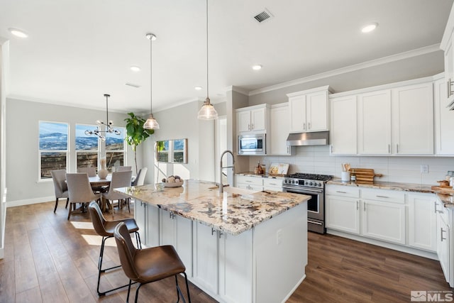 kitchen with pendant lighting, stainless steel appliances, an island with sink, light stone countertops, and under cabinet range hood