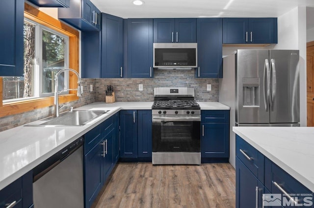 kitchen with appliances with stainless steel finishes, a sink, and blue cabinetry