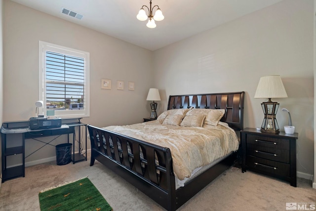 bedroom featuring light colored carpet, visible vents, a notable chandelier, and baseboards