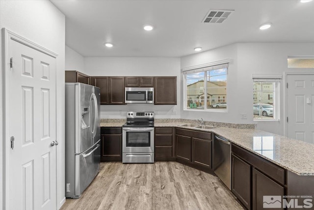 kitchen featuring visible vents, appliances with stainless steel finishes, a peninsula, light wood-type flooring, and a sink