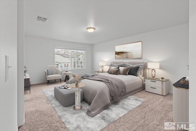 bedroom with light carpet and visible vents