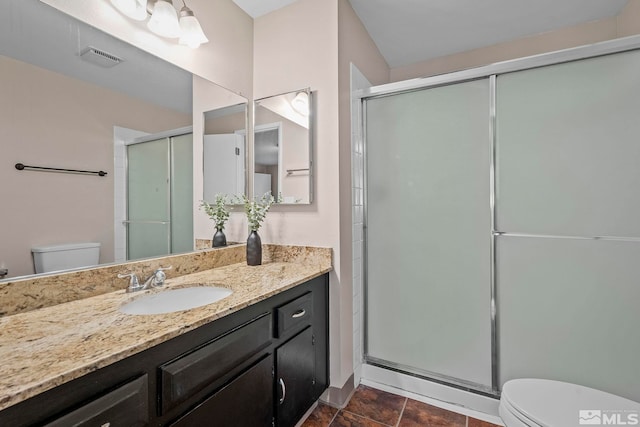 full bathroom with toilet, a shower stall, visible vents, and vanity