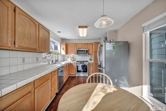 kitchen with dark wood finished floors, decorative backsplash, appliances with stainless steel finishes, decorative light fixtures, and a sink