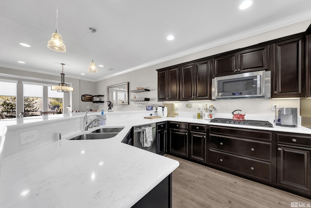 kitchen with stainless steel appliances, crown molding, a sink, and light wood finished floors