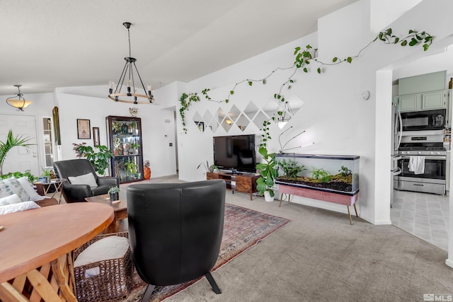 carpeted living room with a notable chandelier